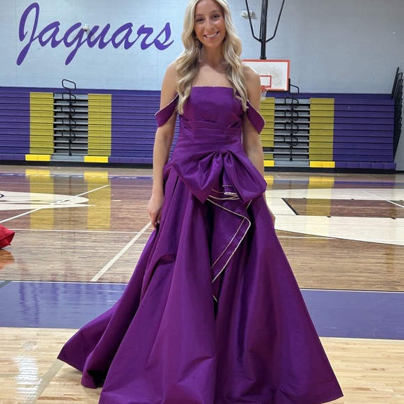 Clarisse Purple Off-Shoulder Ball Gown with Bow Accent